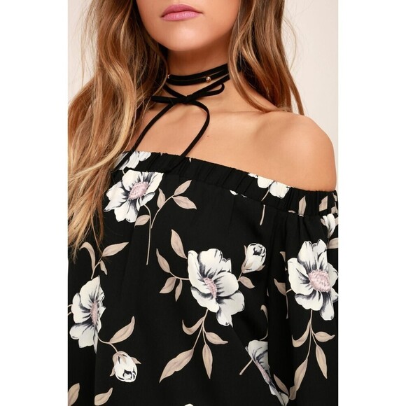 LULUS Light Of Dawn Black Cream Floral Print Off-the-Shoulder Summer Top Size XS - Picture 4 of 9